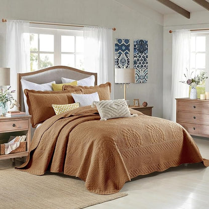 MarCielo 3-Piece 100% Cotton Oversized Bedspread Lightweight Quilt Coverlet Embroidery Farmhouse Bedding Set (Tf Dusty Orange, Oversized Queen (100"x106"))