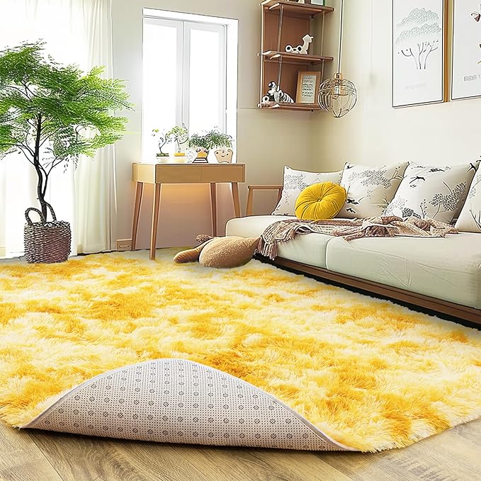 Super Fluffy Rug for Bedroom, 4x6 Shag Fuzzy Area Rug for Living Room Bedroom, Plush Soft Carpet for Girls Boys Kids, Non Slip Throw Rugs for Dorm, Modern Home Decor Aesthetic, Tie-Dyed Yellow