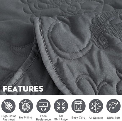 HZ & HY Oversized King Bedspread 128x120 Extra Wide, Quilted Coverlet Bedding Set, Lightweight Thin Comforter, Reversible, Luxurious, 5 Piece, 100% Microfiber, Dark Grey