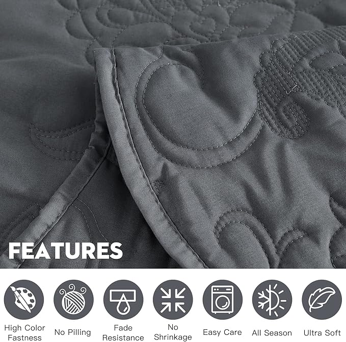 HZ & HY Queen Size Bedspread, Quilted Coverlet Bedding Set, Lightweight Thin Comforter, Reversible, Luxurious, 5 Piece, 100% Microfiber, Queen, Dark Grey