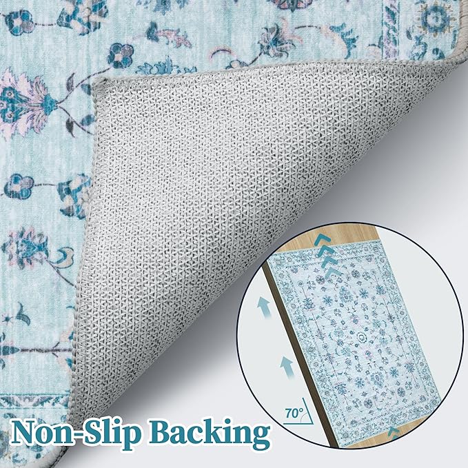 Tangsoo Washable Runner Rug for Hallway Non Slip, 2x6 Boho Floral Vintage Carpet Runner Rugs for Entryway, Floor Soft Low Pile Runners for Kitchen Bathroom Laundry Bedroom Alfombra Blue Farmhouse