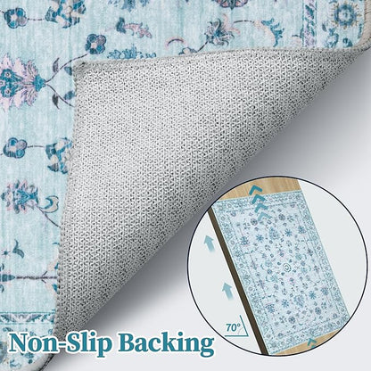 Tangsoo Floral Small Rug 2x3 Washable Rug for Entryways Vintage Non-Slip Area Rugs Light Blue Entry Rugs Distressed Floor Carpet Soft Low Pile Door Mat for Entrance Bedroom Kitchen Foyer Decor