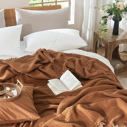 MooMee Muslin Blanket - 100% Cotton 4-Layer Gauze Throw Blanket with All-Around Fringe, Ultra-Soft Breathable Lightweight Cooling Decorative for Bed, Sofa & Couch (Drak Orange,Throw XL 50" x 70")