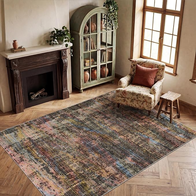 Kokia Abstract Area Rugs Washable Indoor 6x9 Rug Boho Distressed Retro Low Pile Non-Slip Non-Shedding Black Gray Carpet Bedroom Living Room Dining Room, Oslo Fireworks
