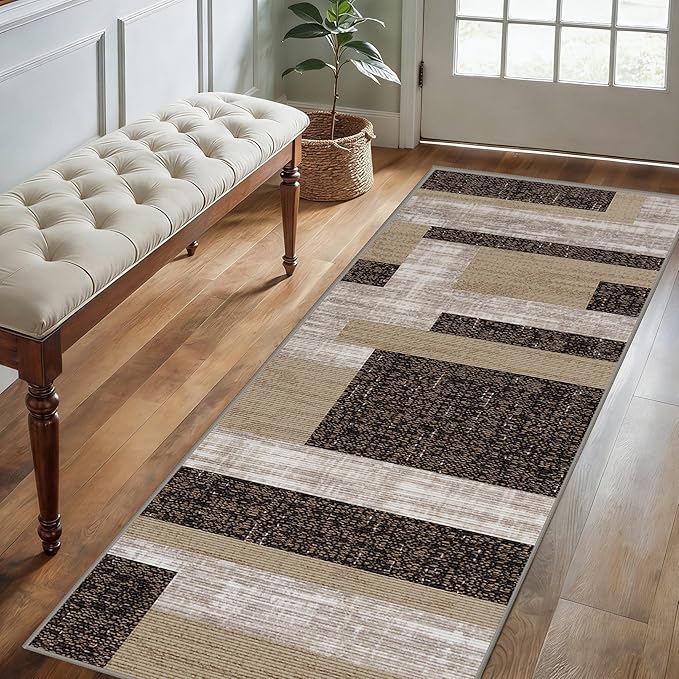 Modern Geometric Patchwork Long Hallway Rug Runners, 3.3x10ft, Neutral Brown Geometry Aesthetic Entrance Carpet, Absorbent Washable Foldable No Crease High Traffic Mat for Laundryroom