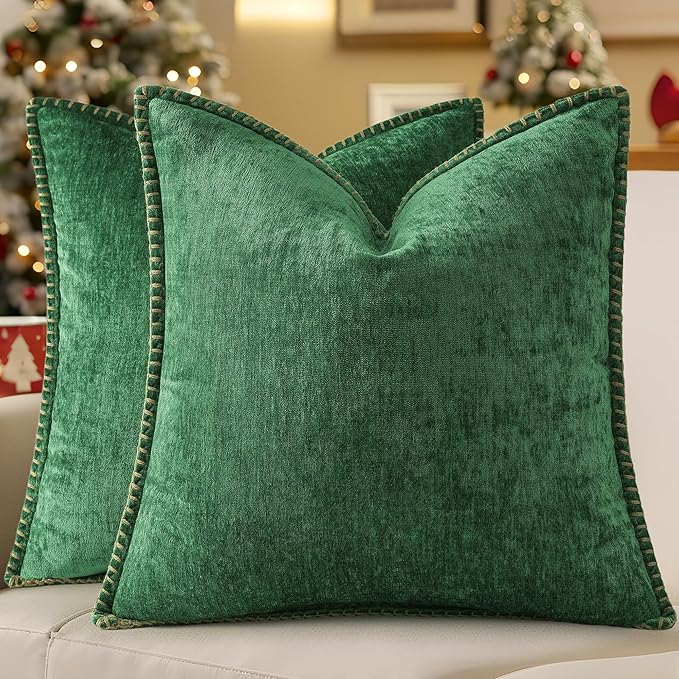 decorUhome Spring Chenille Soft Throw Pillow Covers 16x16 Set of 2, Farmhouse Velvet Neutral Decorative Pillow Covers with Stitched Edge for Couch Sofa Bed Home Decor, Green