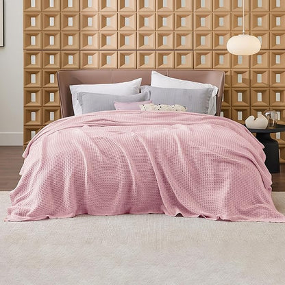 Bedsure Gentlesoft 100% Cotton Blanket King Size for Bed - Breathable and Soft, Thick Cozy Waffle Weave Christmas Blanket Gift for Women, Pink, 104x90 inches
