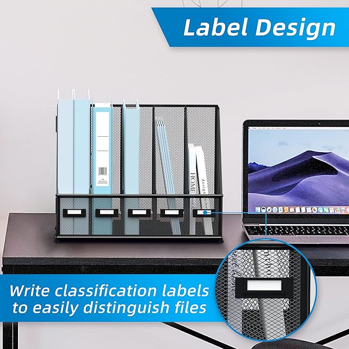 SUPEASY Desk Organizers Metal Desk Magazine File Holder with 5 Vertical Compartments Rack File Organizer for Office Desktop, Home Workspace, Black