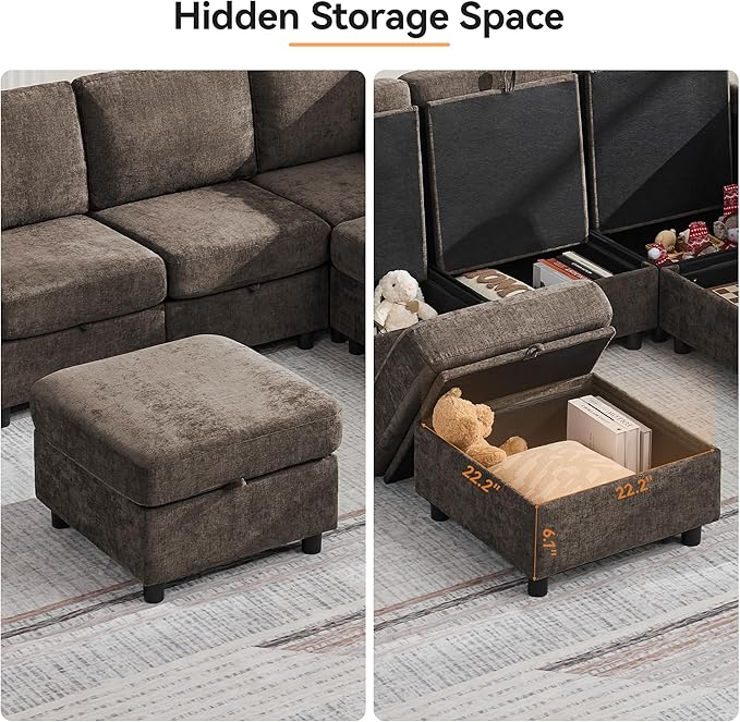 127'' Oversized U Shaped Modular Sofa, Sectional Couches with Storage for Living Room, Modern 9 Seater Cloud Sectional Couch with Movable Ottoman, Chenille Brown