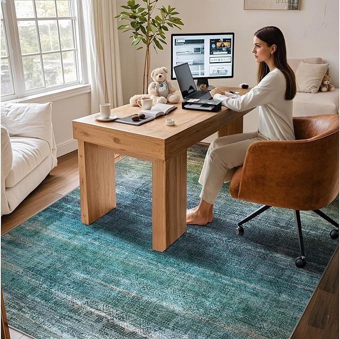 Kokia Abstract Area Rugs 6x9 Boho Washable Distressed Retro Indoor Floor Rug Multicolor Low Pile Non-Slip Non-Shedding Blue Carpet Bedroom Living Room Dining Room, Oslo Teal