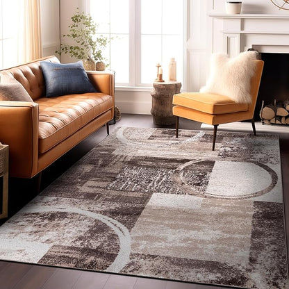 Rugshop Contemporary Abstract Circle Design Area Rug, Carpet with Jute Backing for Living Room, Bedroom, or Dining Room, Brown, 5'3" x 7'3"