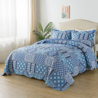 HoneiLife King Quilt Bedding Set - 3 Pieces Rustic Quilt Sets Microfiber Bedspreads Floral Coverlets Retro Bed Cover All Season Quilts-Blue