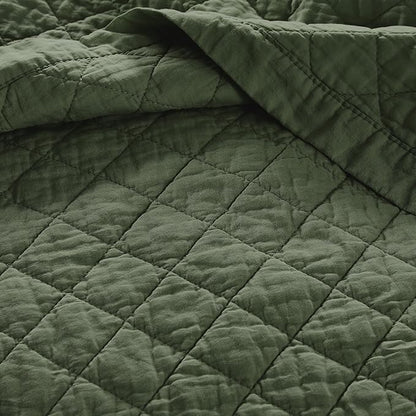 WDCOZY 100% Pre-Washed Cotton King Size Quilt Set - Olive Green Ruffle Box Soft Lightweight Bedspread, Textured Like Linen, Farmhouse Country Rustic Coverlet, Shabby Chic Gauze Bedding, 3 Pieces
