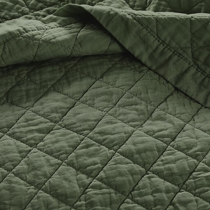 WDCOZY 100% Cotton Oversized King Size Quilt Set - Olive Green California Cal King Soft Lightweight Bedspread, Textured Like Linen, Farmhouse Country Rustic Coverlet, Diamond Stitch Bedding