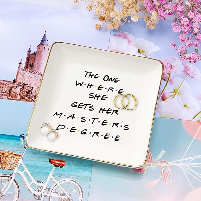 NZY Masters Degree Ring Dish Gifts for Students-Graduation Gifts for Best Friends Daughter Cousin Sister,MBA Present-The One Where She Gets Her Master's Degree-Jewelry Holder Trinket Tray
