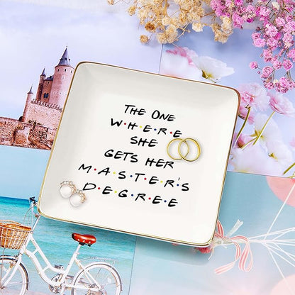 NZY Masters Degree Ring Dish Gifts for Students-Graduation Gifts for Best Friends Daughter Cousin Sister,MBA Present-The One Where She Gets Her Master's Degree-Jewelry Holder Trinket Tray