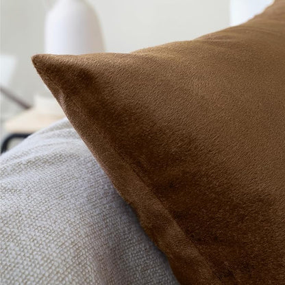 Encasa XO Velvet Throw Pillow Covers 16x16 in (40x40 cm) - Brown - No Inserts, Pack of 2 Cases | Solid Plain Dyed Soft & Smooth, Square Decorative Cushion Covers for Living & Bedroom