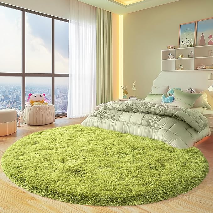 Round Fluffy for Bedroom Rugs, 6Ft Green Shag Circle Rug Non-Slip for Kids Girls Boys Bedroom Dorm Nursery Playroom, Soft Cute Area Rugs for Living Room Decor