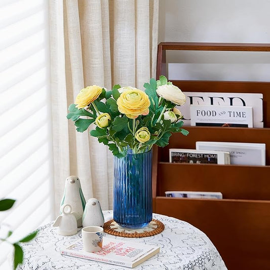 7.5 inch Blue Glass Flower Vase for Pampas Grass, Medium Decorative Centerpiece Ribbed Vase for Dining Table, Office Desktop, Shelf Bookshelf, Mantel, Entryway, Bathroom, Countertop,Gift