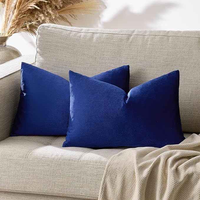 GIGIZAZA Blue Velvet Decorative Throw Pillow Covers for Sofa Bed 2 Pack Soft Cushion Cover (Royal Blue, 12 x 20- Set of 2)