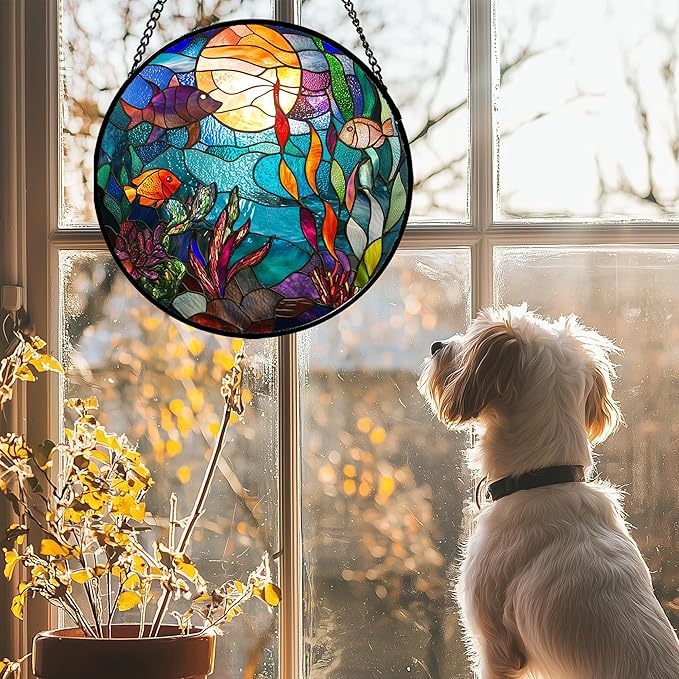 Stained Glass Window Hanging - Blue Ocean World Small Fish Coral Sun Catcher for Door Garden Home Decor Sea Suncatcher Christmas Mother's Day Birthday Gifts for Women Men Mom Nana 9.8 in