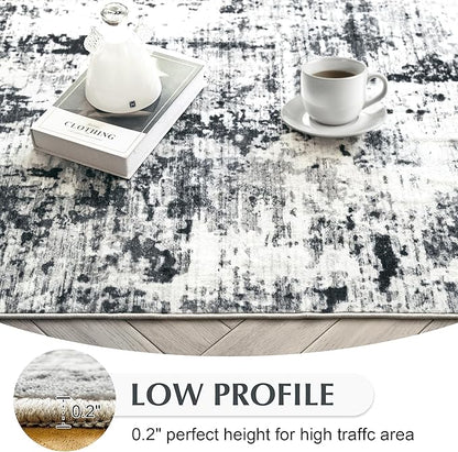FMFUNCTEX 8x10 Washable Area Rug Black and Grey Neutral Abstract Modern Large Non Slip Carpet for Living Room Bedroom Soft Low Pile Indoor Mat Contemporary Accent Throw Rug for Dining Kitchen Nursery