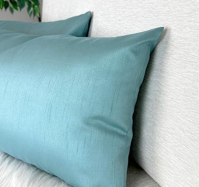 Aiking Home 12x18 Inches Faux Silk Rectangular Throw Pillow Cover, Zipper Closure, Aqua (Set of 2)