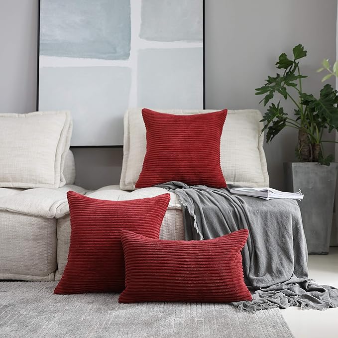 Home Brilliant Red Pillow Covers for Bed Decorative Throw Pillows for Valentines Couch Bed Set of 2 Striped Velvet Indoor Pillow Covers, 55x55cm, 22 x 22 Inch, Burgundy