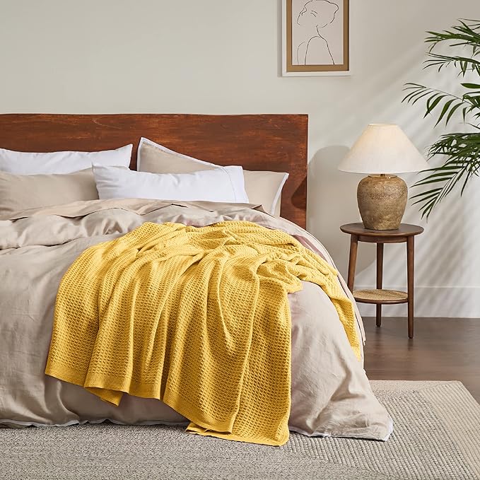 Bedsure Gentlesoft 100% Cotton Blanket Queen Size for Bed - Breathable and Soft, Thick Cozy Waffle Weave Christmas Blanket Gift for Women, Mustard Yellow, 90x90 Inches