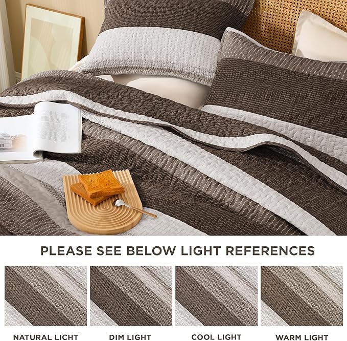 Litanika Oversized King Quilt Set Brown, 120x120 Stripe Bedspread Coverlet 3 Pieces, Brown Lightweight Quilted Bedding Set for All Season(Super King-1 Quilt, 2 Pillowcases)