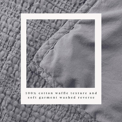 Great Bay Home King Size Blue 100% Cotton Honeycomb Waffle Quilt and Sham Set - Garment Washed, Waffle Weave Like Texture, Lightweight 3-Piece Bedding Set (Denim Blue)