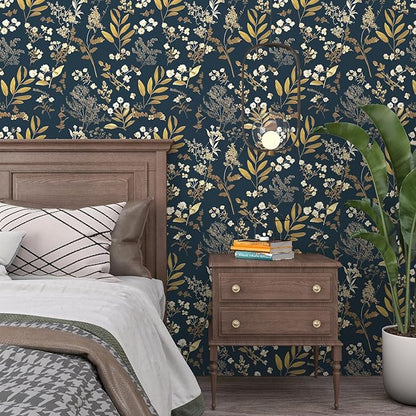 Dark Blue Leaf Wallpaper Peel and Stick Dark Floral Wallpaper for Bedroom Vintage Leaf Contact Paper Waterproof Self Adhesive Boho Floral Wall Paper for Bedroom Walls Countertop 17.5in x 118in