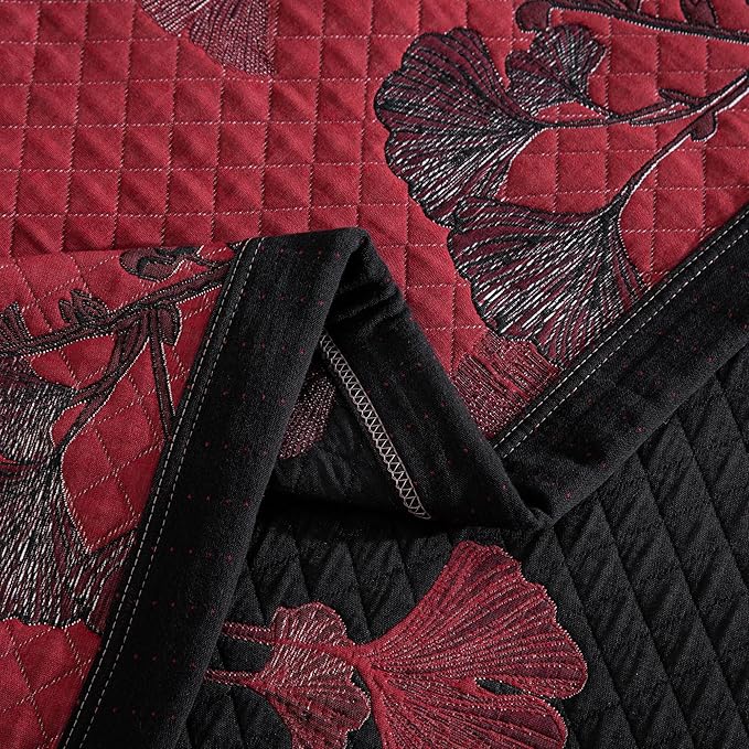 100% Cotton Muslin Jacquard 3 Piece Quilt Set Floral Ginkgo Leaf Print, Soft 3 Layers Gauze Bed Cover Reversible Bedspread Coverlet Breathable Lightweight Bedding Set, Queen