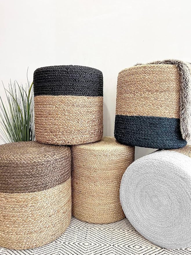 Jute Pouf Ottoman | Footrest Pouf | Hand Braided - Round Boho Pouffe - for Living Room, Bedroom, Nursery (16"x16"x16") Ivory