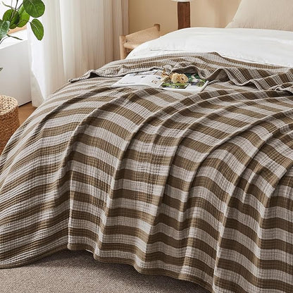 EMME Cotton Muslin Twin Blanket Breathable Gauze Soft Lightweight Adults Gifts for Women (Striped Brown, 60"x80")