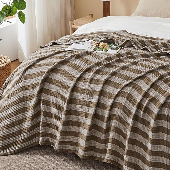 EMME Cotton Muslin Twin XL Blanket Breathable Gauze Soft Lightweight Adults Gifts for Women (Striped Brown, 66"x90")