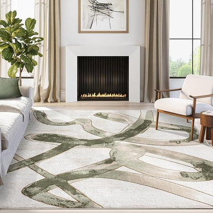 Abani Beige Cream Green Graffiti Washable Area Rug – 5' x 8' – Abstract Artistic Design – Ivy Collection – Non-Shedding, Easy to Clean – Durable for High Traffic Areas – Living Room & Bedroom