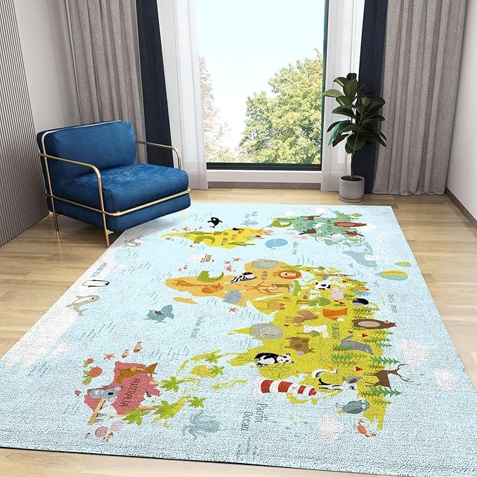 Cartoon Color Animal World Map Area Rugs, Animal World Map Print Carpet, Indoor Non-Slip Kids Rugs, Machine Washable Breathable Durable Carpet for Front Entrance Floor Decor,4 x 6ft