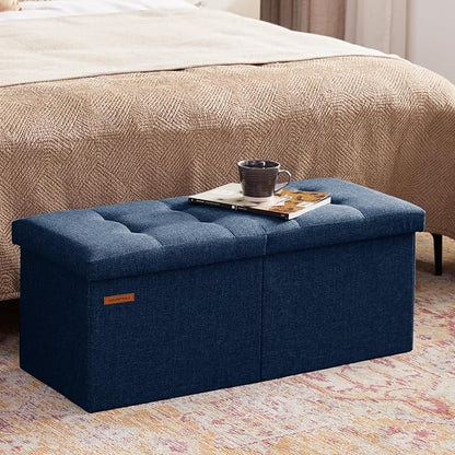 HAUSFRAU 31.5 Inches Ottoman with Storage Bench, Folding Ottoman Bench Small Foot Rest Stool, Bedroom Bench with Flipping Lid, Linen Navy Blue