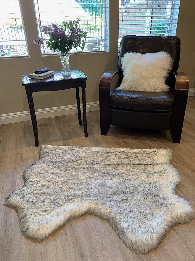 LAMBZY Faux Sheepskin Super Soft Hypoallergenic Silky Shag Rug for Living Room, Kids Room, Sofa (Double Side by Side 3'x4, White/Black Tips)