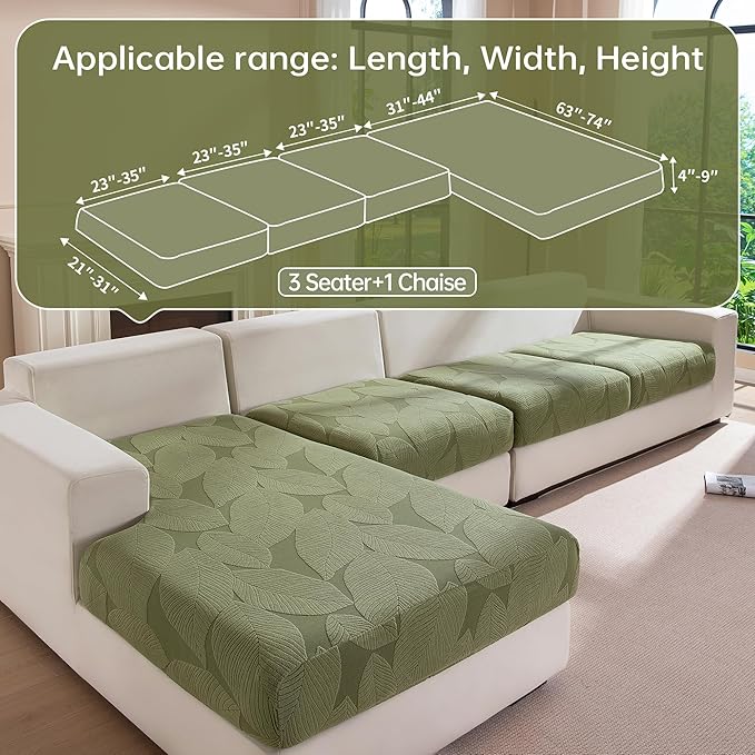 Couch Covers for Sectional Sofa, Washable Stretch Soft Sofa Cushion Covers L Shape Sofa Slipcovers Anti Slip Furniture Decor Protector for Pets (3 Seaters Covers+1 Chaise Cover,Green)