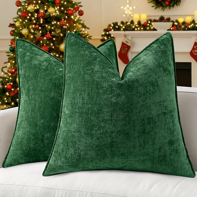 decorUhome Spring Couch Throw Pillow Covers 18x18 Set of 2, Decorative Soft Velvet Neutral Chenille Pillow Covers with Elegant Design for Sofa Bed Living Room Home Decor, Green