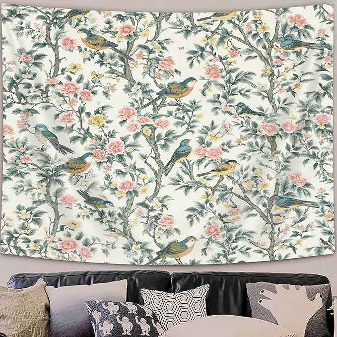 DYNH Vintage Floral Bird Tapestry,Chinese Style Aesthetics Jungle Botanical Tapestries,Farmhouse Country Watercolor Flowers Leaves Wall Hanging Decor for Bedroom Living Room,60X50Inches
