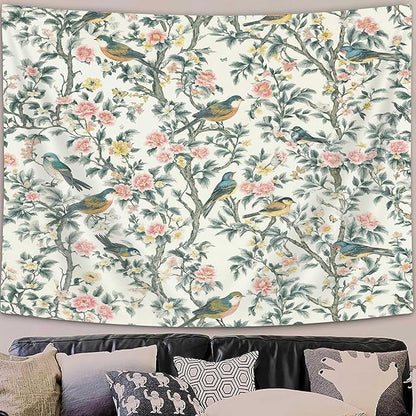 DYNH Vintage Floral Bird Tapestry,Chinese Style Aesthetics Jungle Botanical Tapestries,Farmhouse Country Watercolor Flowers Leaves Wall Hanging Decor for Bedroom Living Room,60X50Inches