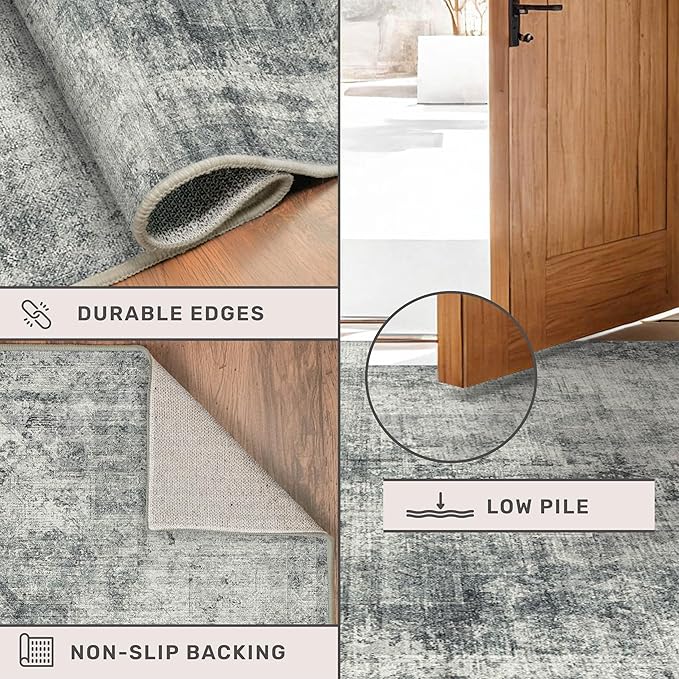 2x6 Hallway Runner Rugs Non Slip, Washable Dark Blue and Gray Rug for Kitchen, Bathroom, Entryway, Non Skid with Rubber Backing, Low Pile Soft Vintage Home Décor