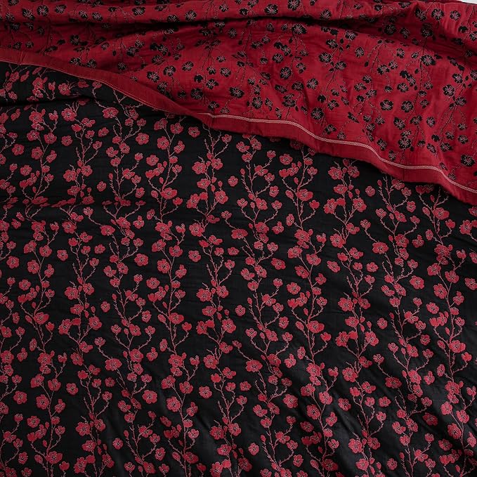 100% Cotton Muslin Jacquard 2 Piece Quilt Set Floral Plum Blossom Print, Soft 3 Layers Gauze Bed Cover Reversible Bedspread Coverlet Breathable Lightweight Bedding Set, Twin