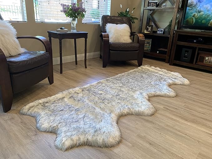 LAMBZY Faux Sheepskin Super Soft Hypoallergenic Silky Shag Rug for Living Room, Kids Room, Sofa (Quarto 4 Pelts Side by Side 3'x8', White/Black Tips)