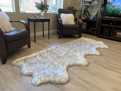 LAMBZY Faux Sheepskin Super Soft Hypoallergenic Silky Shag Rug for Living Room, Kids Room, Sofa (Quarto 4 Pelts Side by Side 3'x8', White/Black Tips)
