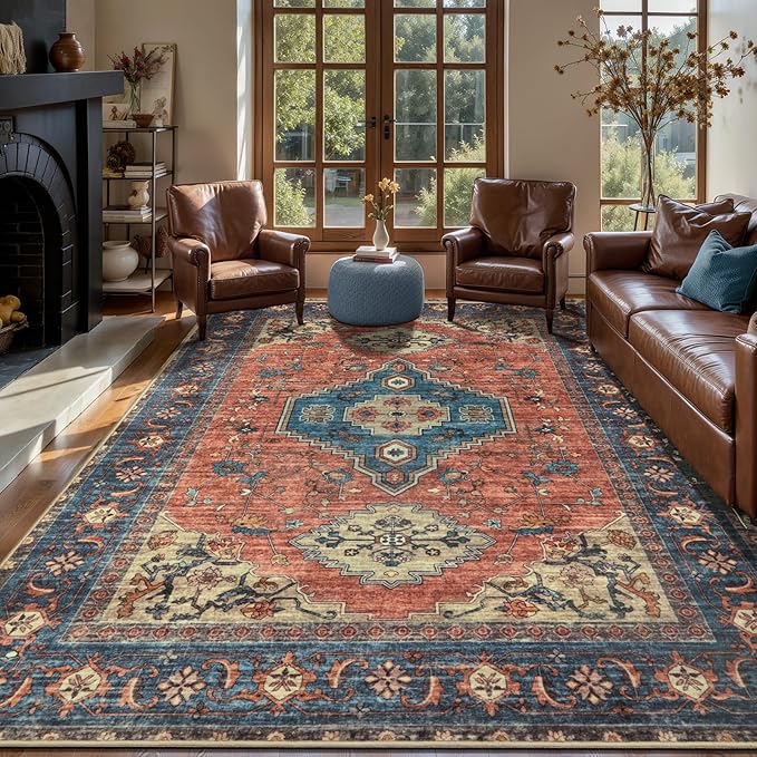 Tangsoo 6x9 Area Rug Washable Rugs for Living Room, Oriental Indoor Non Slip Large Area Rugs, Vintage Print Carpet, Soft Low Pile Foldable Floor Rug for Bedroom Dining Room Dorm Terracotta