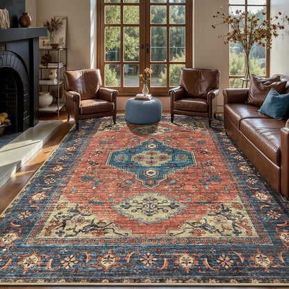 Tangsoo 6x9 Area Rug Washable Rugs for Living Room, Oriental Indoor Non Slip Large Area Rugs, Vintage Print Carpet, Soft Low Pile Foldable Floor Rug for Bedroom Dining Room Dorm Terracotta